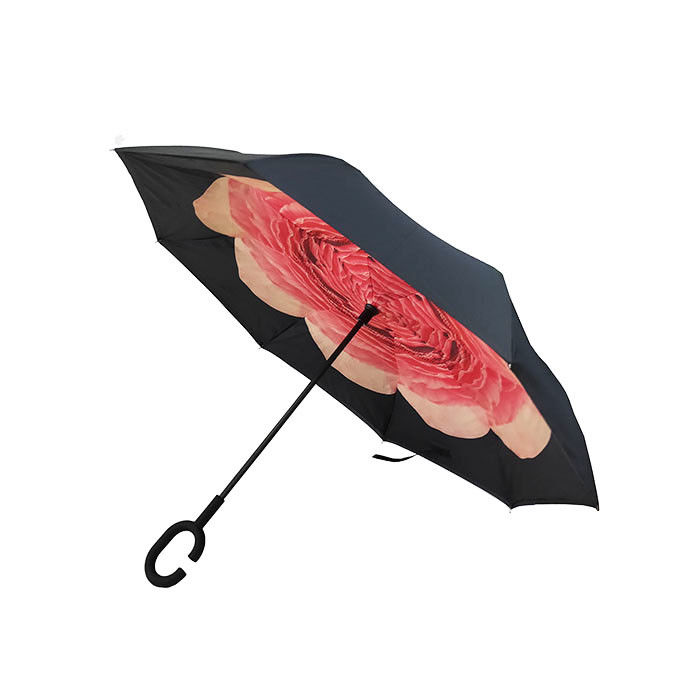 Vormde de Dubbele Laag Omgekeerde Paraplu van het bloemontwerp, C Handvatparaplu leverancier